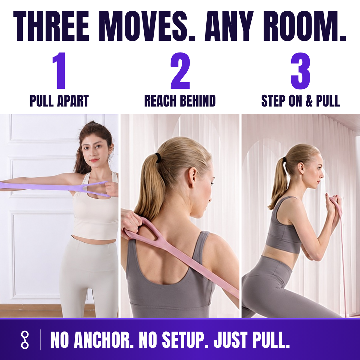 Three moves with the figure 8 band: pull apart, reach behind, step on and pull