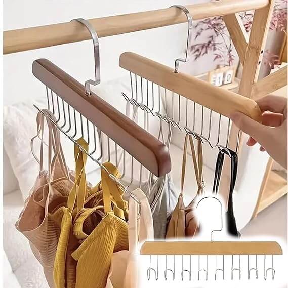 Multifunctional Wooden Hanger with Metal Hooks (Pack of 2)