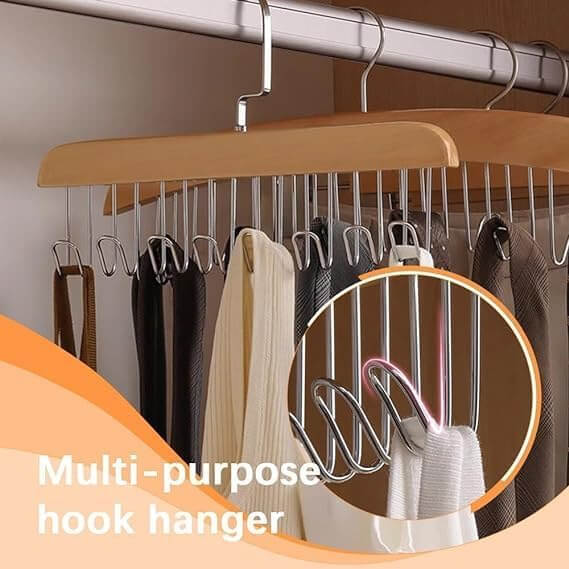 Multifunctional Wooden Hanger with Metal Hooks (Pack of 2)