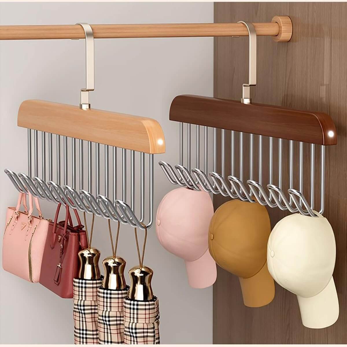 Multifunctional Wooden Hanger with Metal Hooks (Pack of 2)