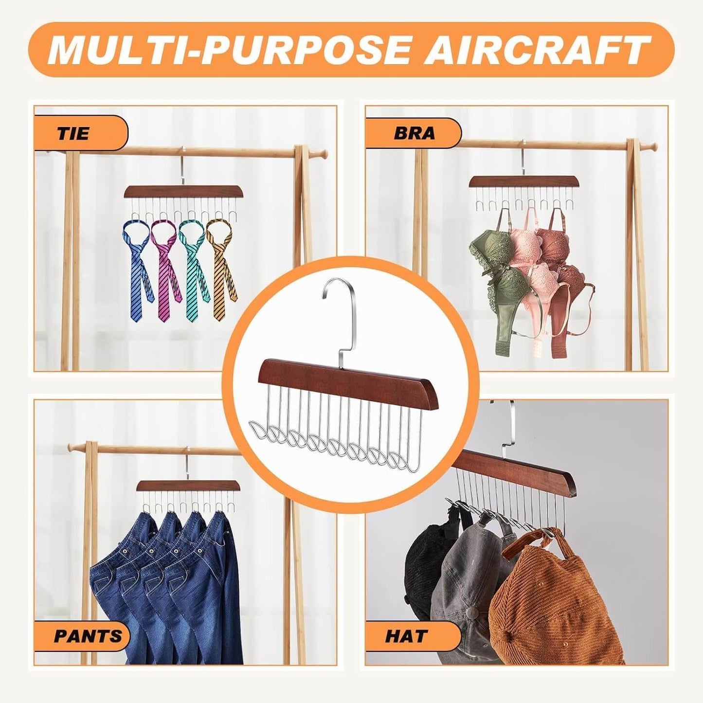 Multifunctional Wooden Hanger with Metal Hooks (Pack of 2)