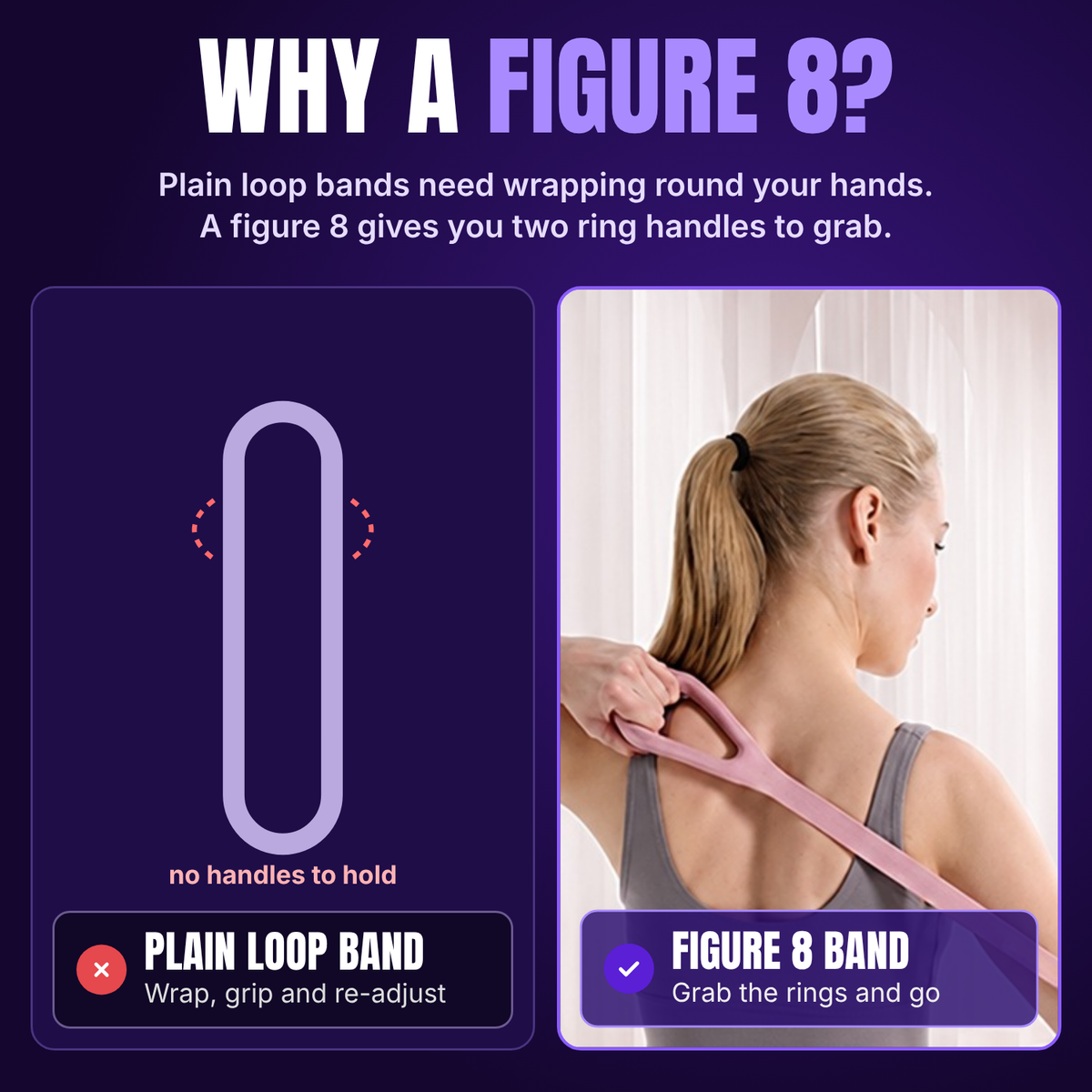 Comparison of a plain loop band and a figure 8 band with two ring handles